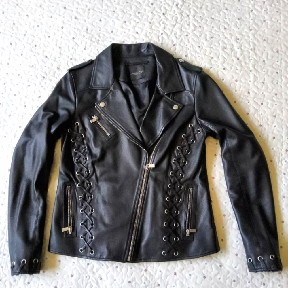 Black Leather Moto Core Jacket Biker Core Zippers Steam Punk Women Sz XS-S Cool